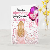 Carte Fille tenant des ballons roses confetti anniversai (Fleur jaune)