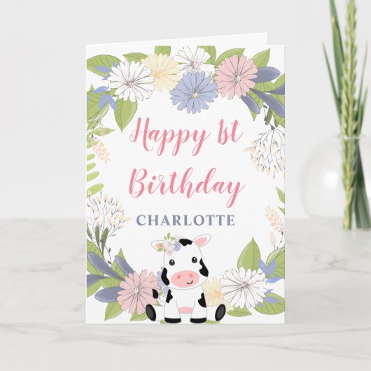 Carte Fille vache de gerbe florale 1er anniversaire (Devant)
