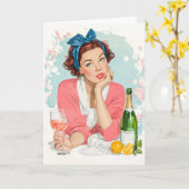 Carte Fille Vintage au Champagne Rose (Fleur jaune)