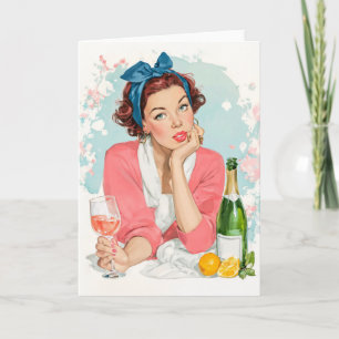 Carte Fille Vintage avec Champagne Rose