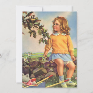 Carte Fille Vintage regardant des oiseaux dans un arbre,