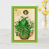 Carte Fille vintage robe verte Trèfles Saint-Patrick (Fleur jaune)