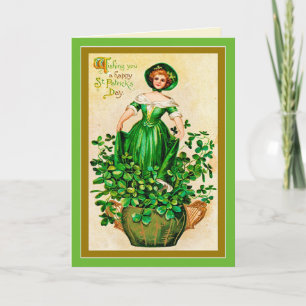 Carte Fille vintage robe verte Trèfles Saint-Patrick
