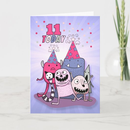 Carte Filles 11e anniversaire du Monstre rose et pourpre (Devant)
