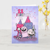 Carte Filles 11e anniversaire du Monstre rose et pourpre (Fleur jaune)