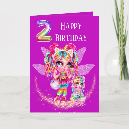 Carte Filles 2e anniversaire mignonne conte de fées anim (Devant)