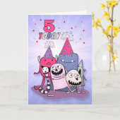 Carte Filles 5e anniversaire de Monstre rose et pourpre (Fleur jaune)