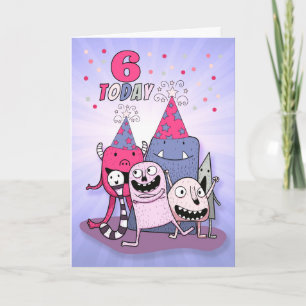 Carte Filles 6e anniversaire rose n mauve monstres de de