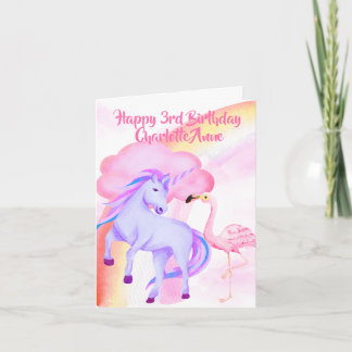 Carte Filles Licorne Arc-en-Ciel Flamant Rose 3ème Anniv