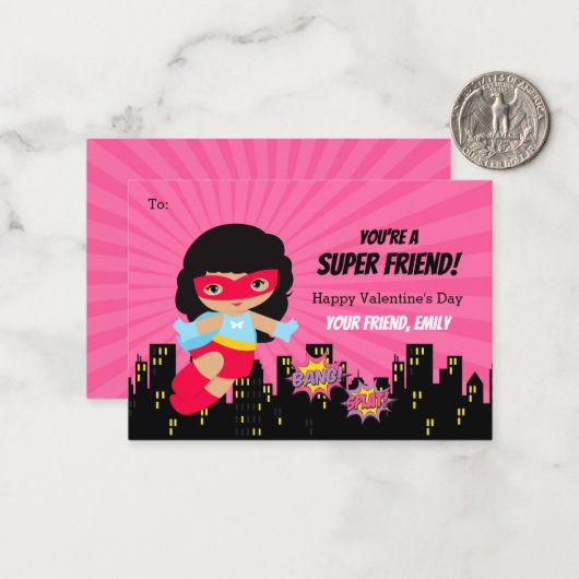 Carte fillette Valentine - Superhero African Ameri (Devant/Arrière en situation)