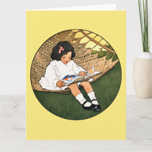Carte Fillette vintage lisant dans un hamac