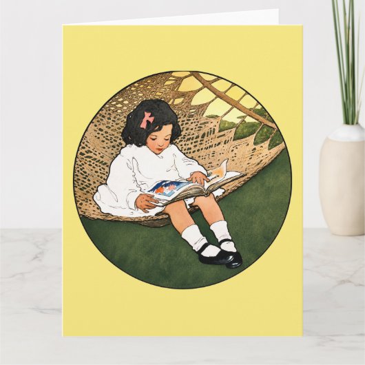 Carte Fillette vintage lisant dans un hamac (Devant)