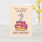 Carte Filleule 7ème anniversaire, 7 sur un gâteau rose s (Fleur jaune)