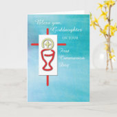 Carte Filleule, première sainte communion, turquoise (Fleur jaune)