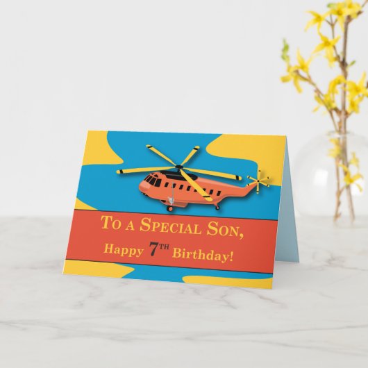 Carte Fils, 7e anniversaire avec hélicoptère (Fleur jaune)