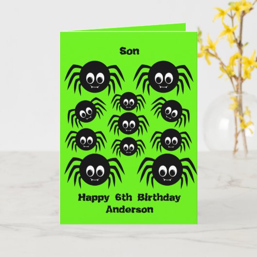 Carte Fils d'anniversaire d'Halloween Araignée Verte (Fleur jaune)