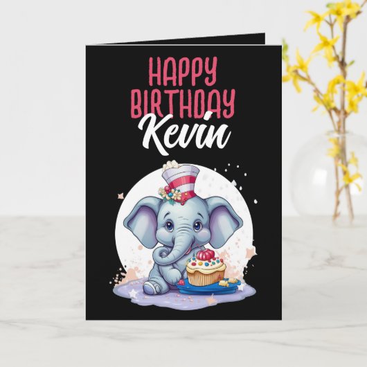Carte Fils Eléphant Noir et Blanc mignon Anniversaire (Fleur jaune)