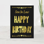 Carte Fils-en-droit moderne Black Gold Joyeux anniversai<br><div class="desc">Une carte d'anniversaire moderne de typographie masculine noire et or avec des bordures en polygone en haut et en bas. Une belle façon d'envoyer vos voeux d'anniversaire à votre gendre. La carte peut être customisée en changeant le titre de droit du Fils en Fils ou Frère ou même un nom....</div>