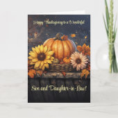Carte Fils et femme Thanksgiving avec Fleurs Citrouilles (Devant)
