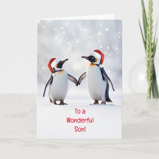 Carte Fils Joyeux Noël mignon avec des pingouins (Devant)
