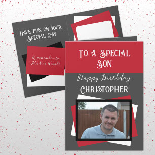 Carte Fils photo nom gris rouge anniversaire