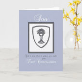 Carte Fils, première communion, bleu et argent (Fleur jaune)