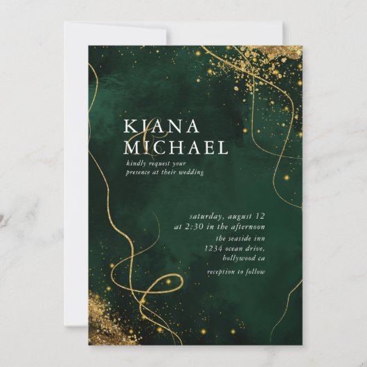 Carte Fine Lines Gold Abstrait Mariage V1 Emerald ID867 (Devant)