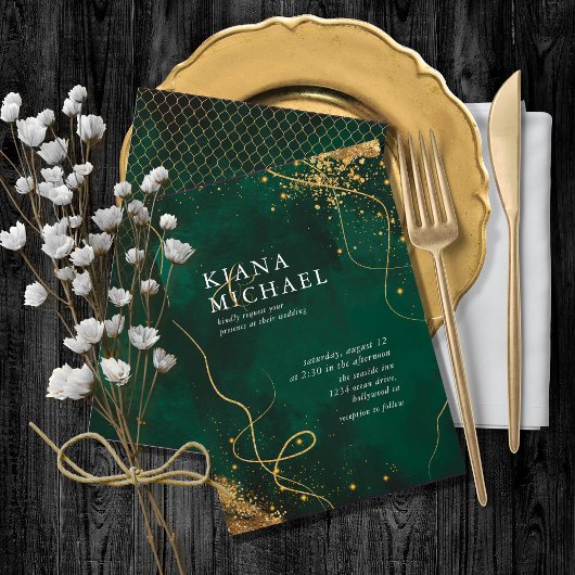 Carte Fine Lines Gold Abstrait Mariage V1 Emerald ID867