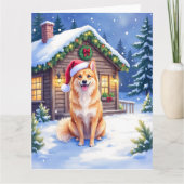 Carte Finnish Spitz Snowy Cabin Santa Hat Christmas Art (Devant)