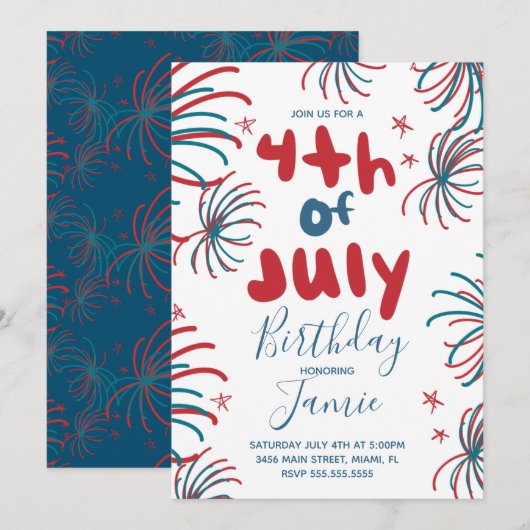 Carte Fireworks 4 juillet Stars BBQ Anniversaire (Devant / Derrière)