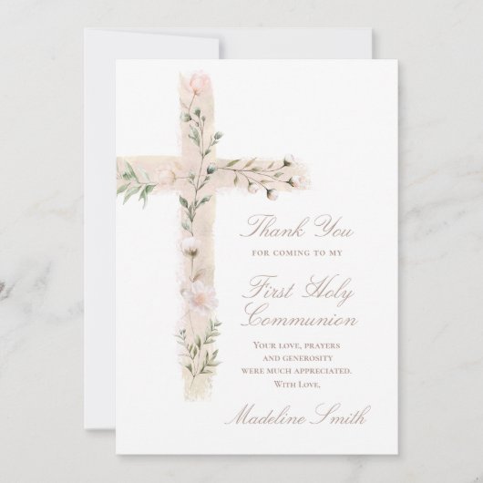 Carte First Communion floral cross thank you (Devant)