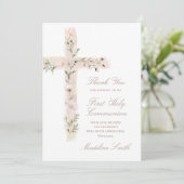 Carte First Communion floral cross thank you (Debout devant)