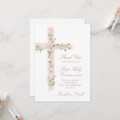 Carte First Communion floral cross thank you (Devant/Arrière en situation)