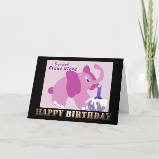 Carte First Happy Birthday Grand Niece Pink Elephant (Devant)