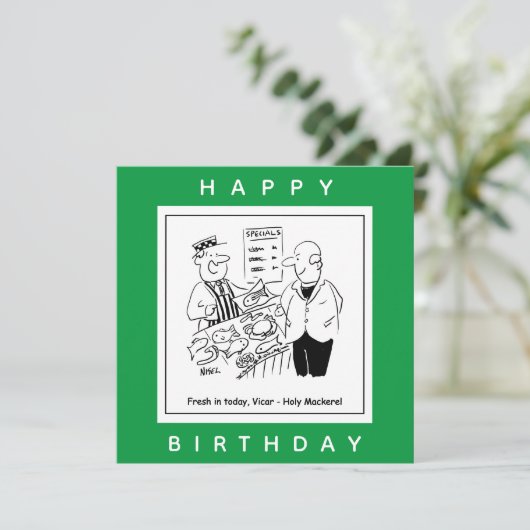 Carte Fishmonger propose un dessin Vicar Holy Mackerel (Debout devant)