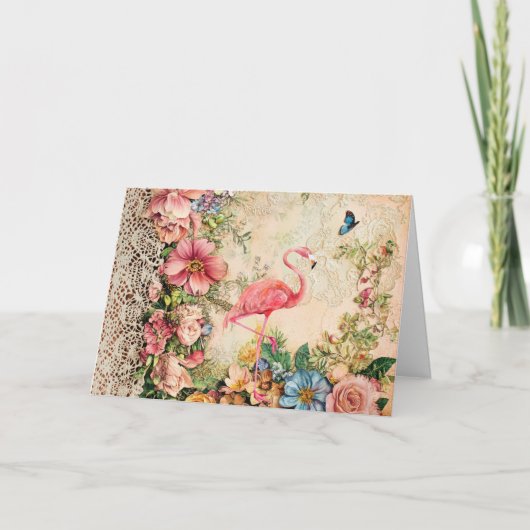 Carte Flamant Floral Aquarelle Shabby Chic (Devant)