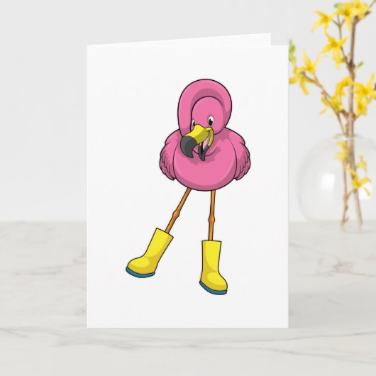 Carte Flamant rose à la pluie avec bottes en caoutchouc (Fleur jaune)