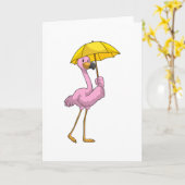 Carte Flamant rose à la pluie avec parapluie (Fleur jaune)