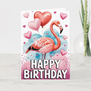 Carte Flamant Rose Adorable avec Ballons en Forme de Cœu