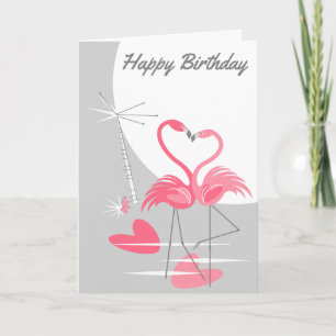 Carte Flamant rose Amour Grande Lune Joyeux texte d'anni