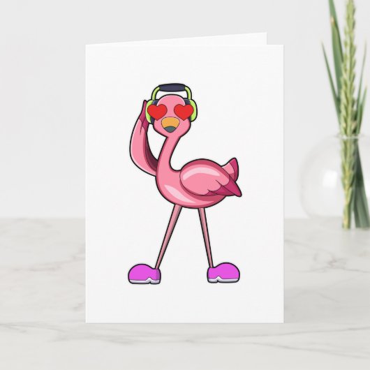 Carte Flamant rose avec casque audio & coeurs (Devant)