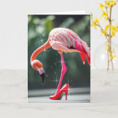 Carte Flamant rose Avec Chaussure Rouge Haut Talon (Fleur jaune)