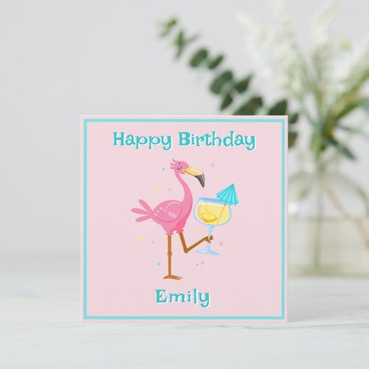 Carte Flamant rose avec Cocktail (Debout devant)