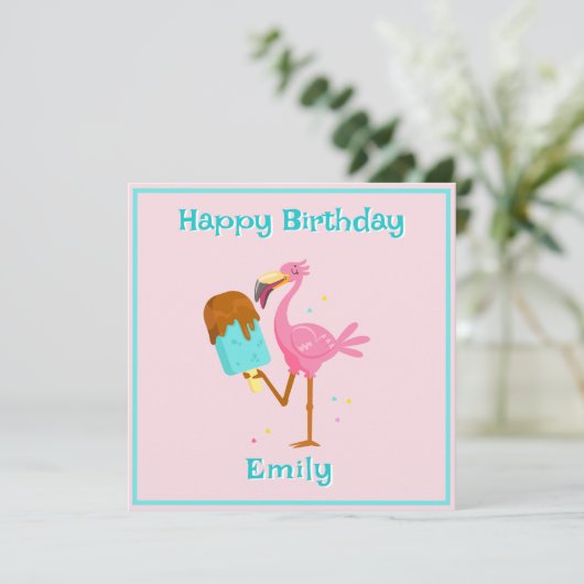 Carte Flamant rose avec Lolly de glace (Debout devant)