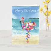 Carte Flamant rose Christmas Tropical Beach (Fleur jaune)