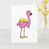 Carte Flamant rose comme élèves avec cartable (Fleur jaune)