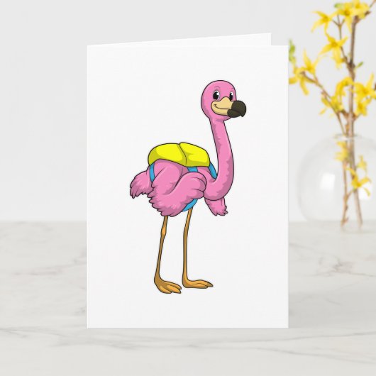 Carte Flamant rose comme élèves avec cartable (Fleur jaune)