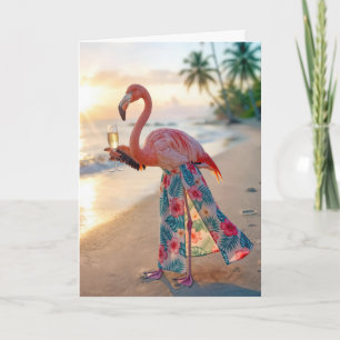 Carte Flamant rose d'anniversaire avec du champagne sur
