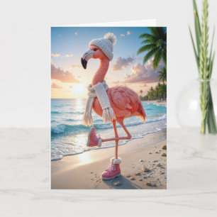 Carte Flamant rose d'anniversaire portant des bottes et