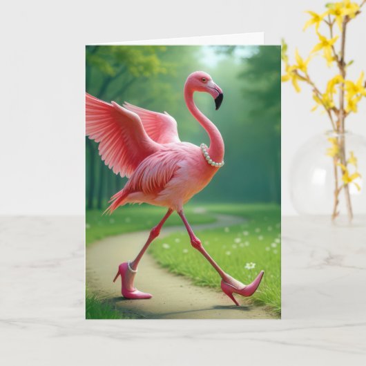 Carte Flamant rose d'anniversaire portant talons et perl (Fleur jaune)